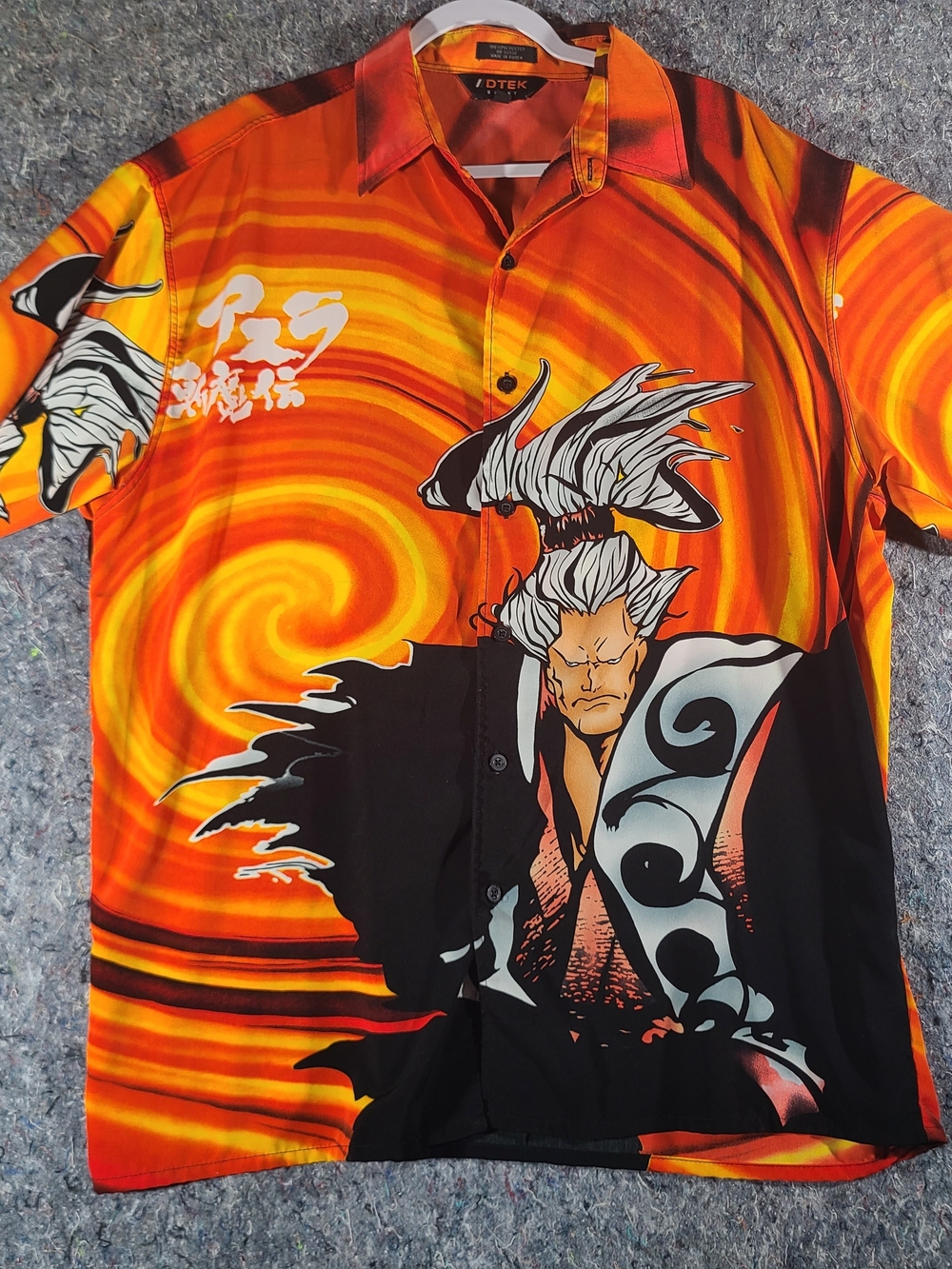 DTEK Sport Anime Button Up Shirt XL Orange All Over Print Graphic Polyester